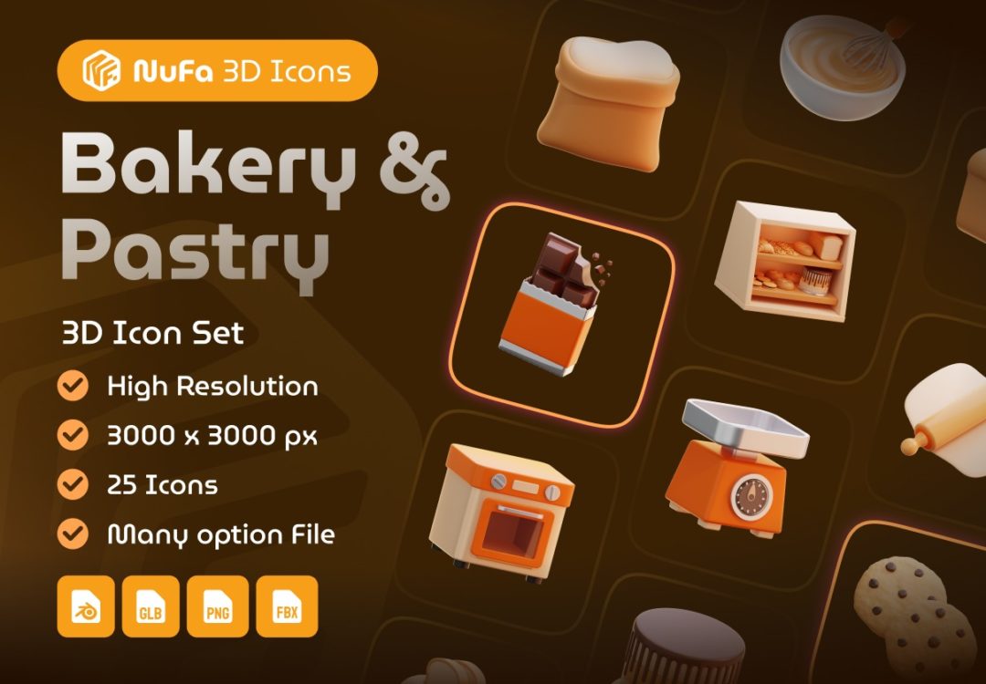 25款时尚创意蛋糕面包店3D图标Icons设计Blender/PNG格式素材 Bakery & Pastry 3D Icon Set 图标素材 第1张