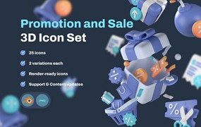25款3D立体三维电商销售促销购物图标Icons设计Blender/PNG格式素材 Promo and Sale 3D Icon Set