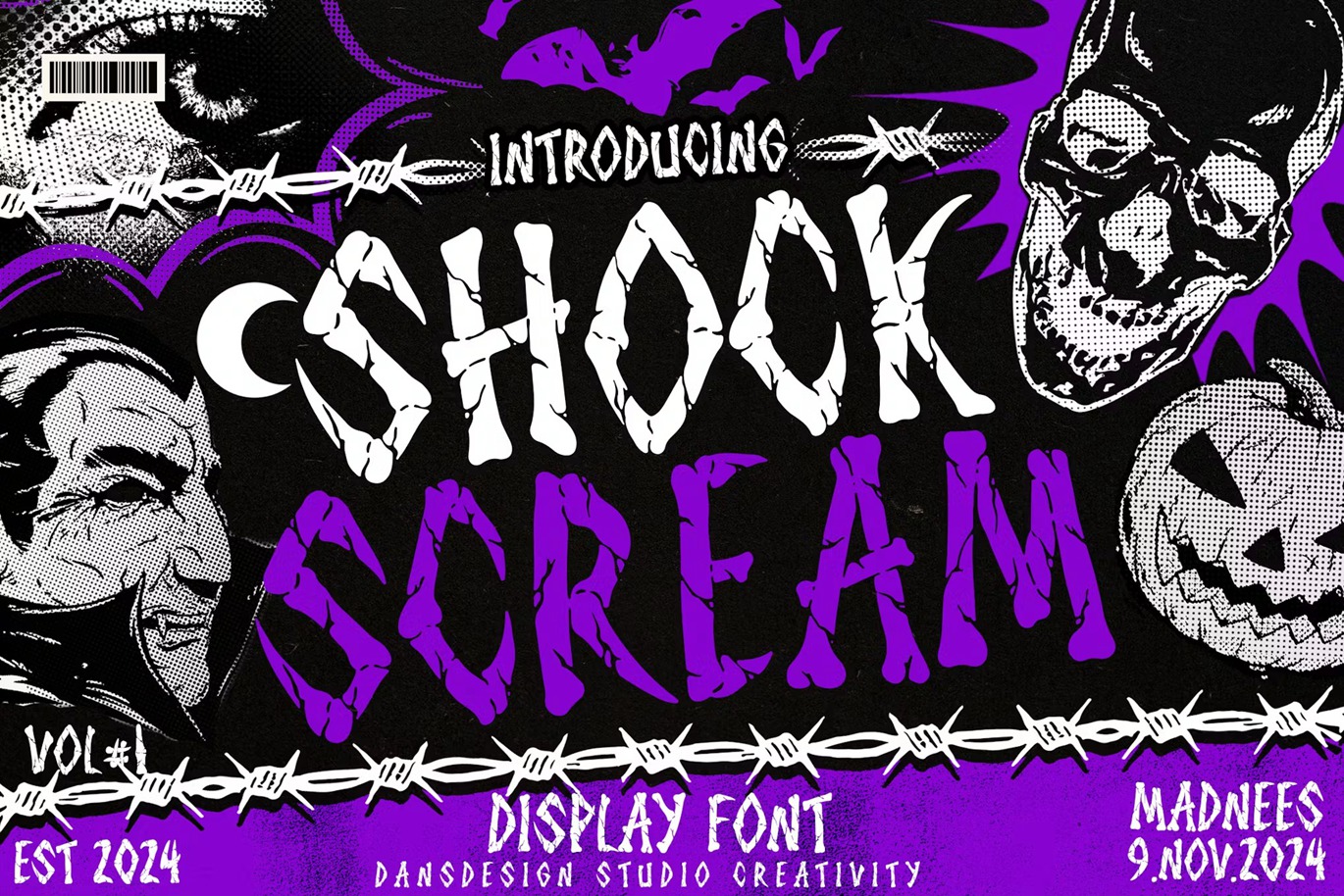 复古商业品牌服装徽标设计y2k装饰英文字体安装包 Shock Scream Horror Display Font 设计素材 第1张