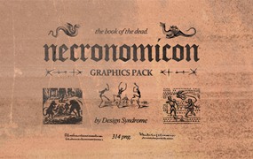 310个复古中世纪暗黑奥术神秘死灵骷髅飞龙怪物图形插画插图PNG高清免扣设计套装 Necronomicon Graphics Pack by Design syndrome