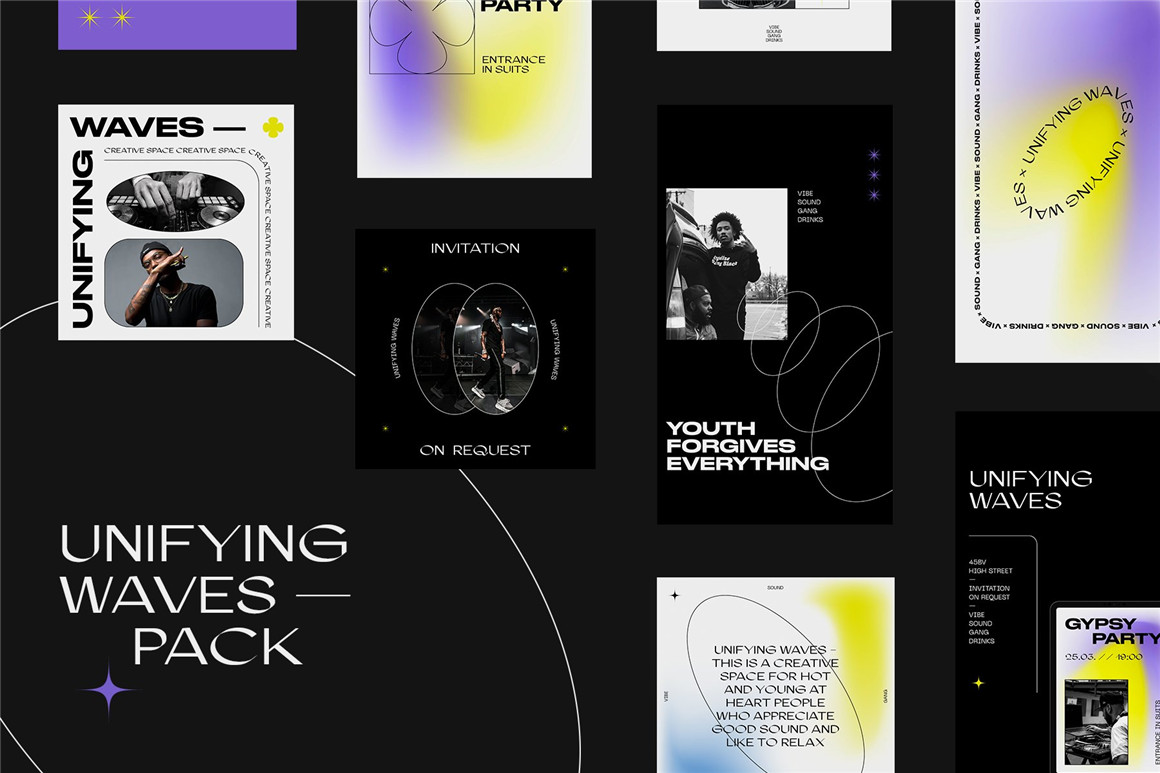 潮流复古弥散光渐变粗体文本音乐INS公众号海报推文排版PSD模版 UNIFYING WAVES Instagram Templates 设计素材 第1张