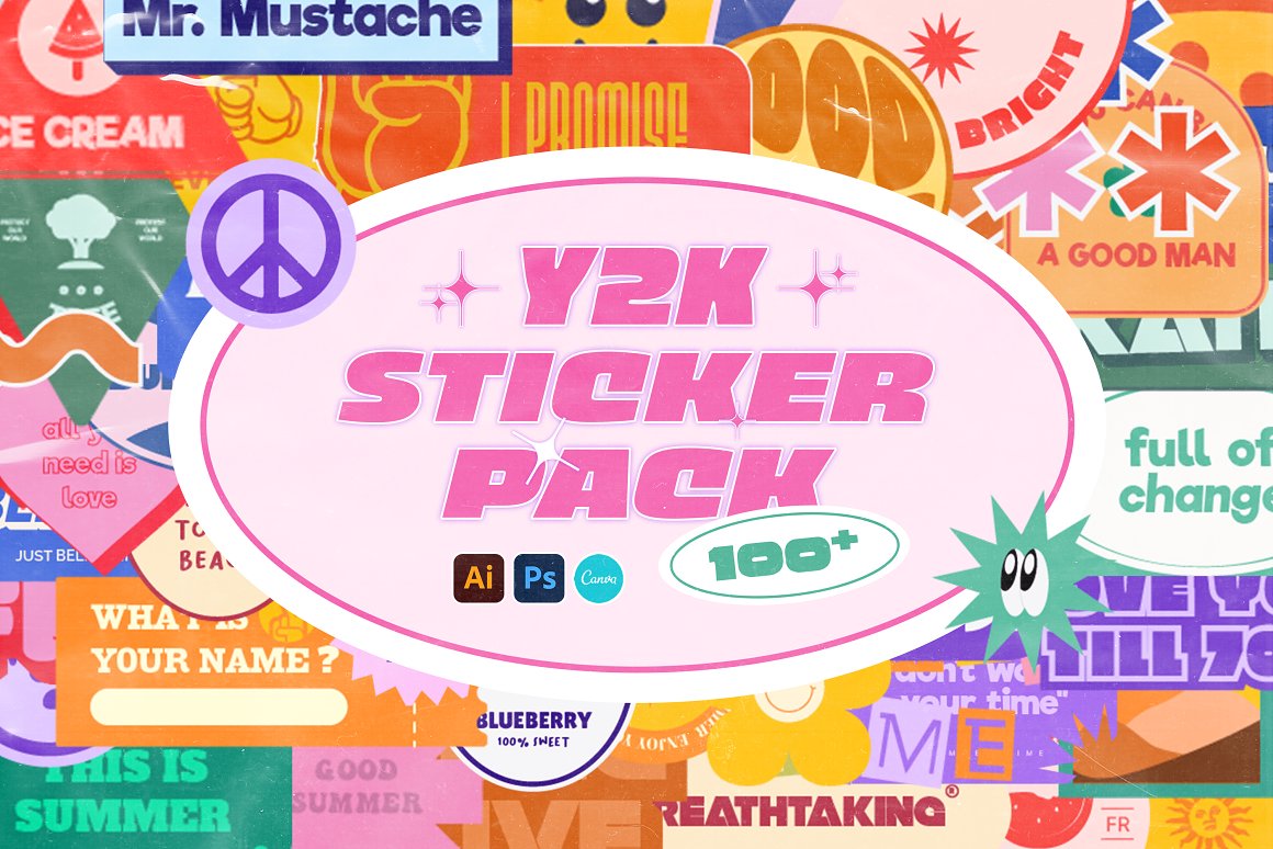 Sixtysix Labs 100个80年代复古Y2K千禧风格标签贴纸设计AI矢量素材 Y2K Sticker Pack 图片素材 第1张