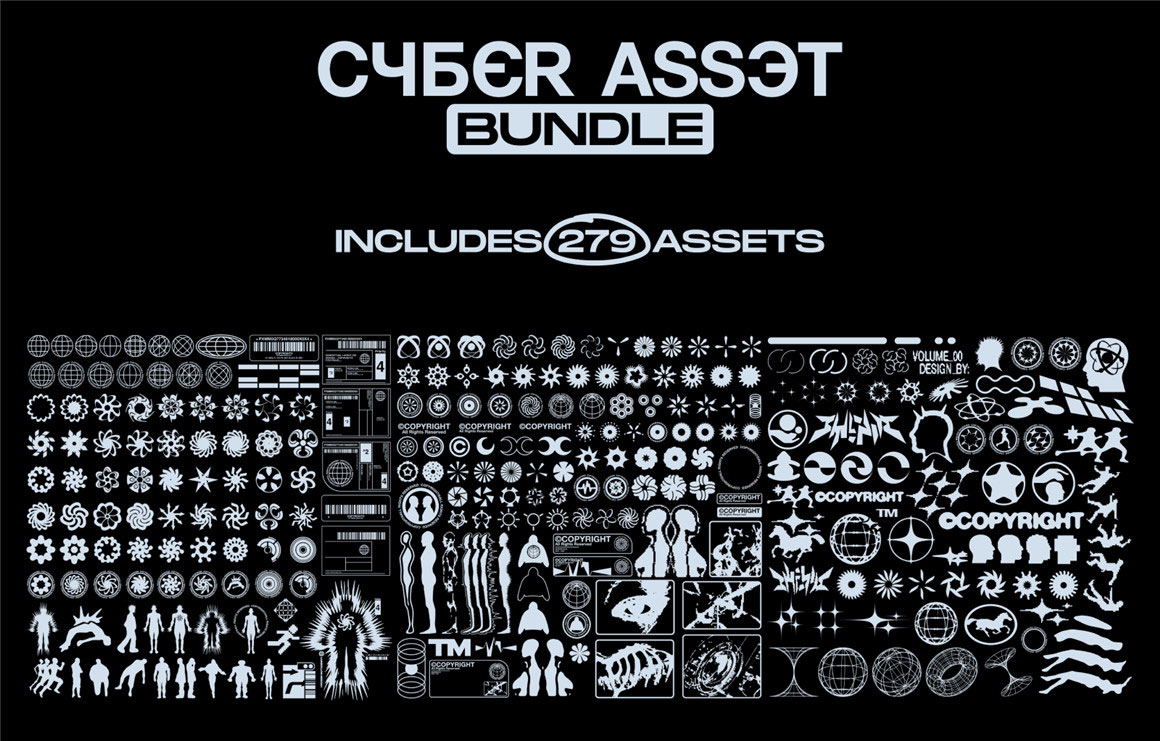 Hvnter 279个赛博朋克未来机能抽象艺术图标UI矢量插画设计套件 CYBER ICON BUNDLE . 第1张