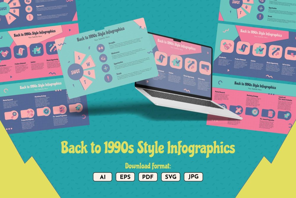 时尚复古美学信息图表图文排版设计模板 Back to 1990s Style Infographics 幻灯图表 第1张