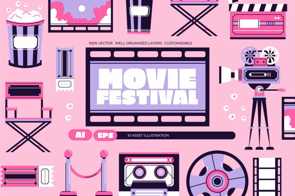 粉红电影主题海报网站社交媒体手绘插画矢量设计素材 Pink Movie Festival Asset Illustration , 第1张