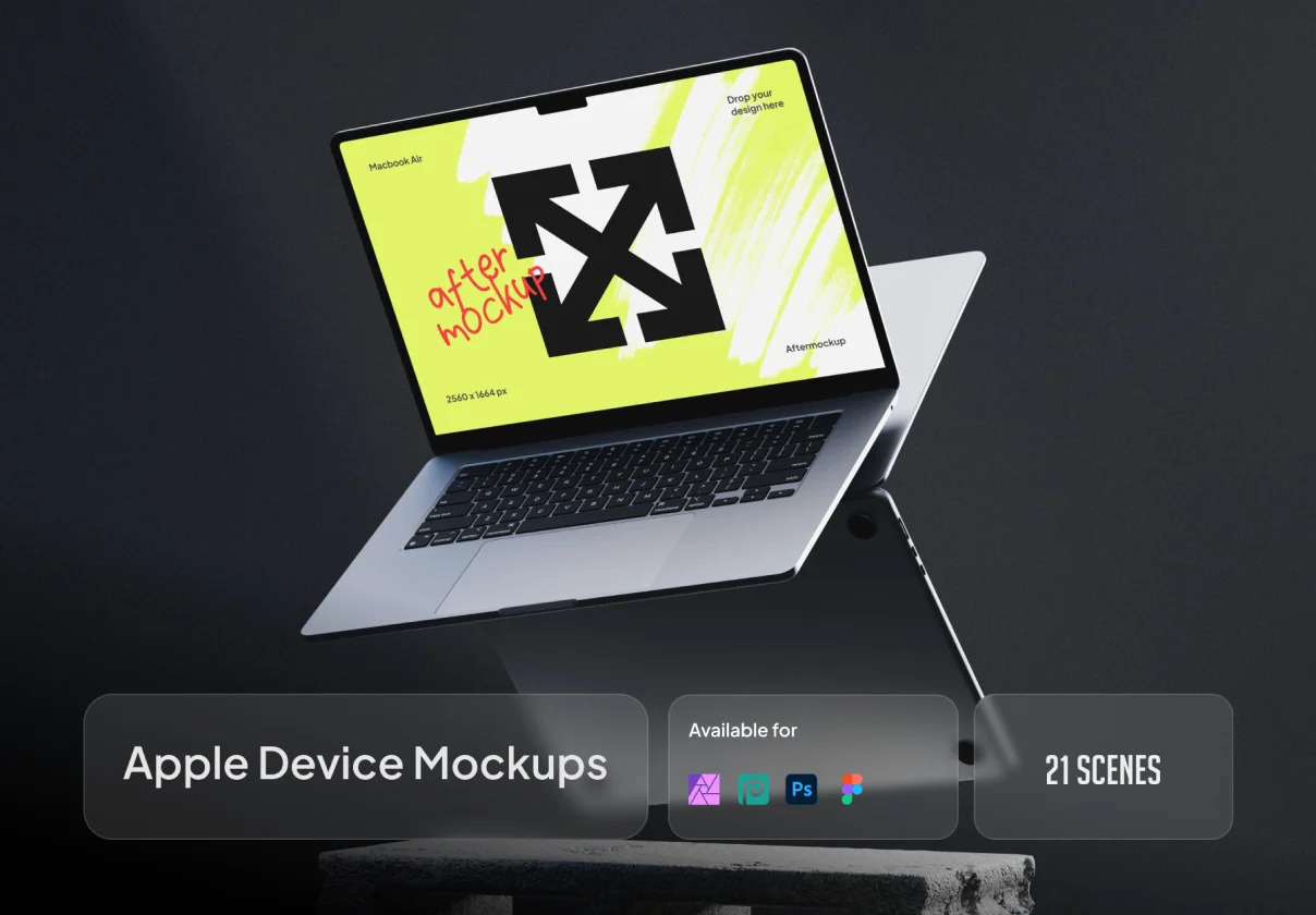 21款黑化风苹果iphone手机macbook电脑ipad平板贴图样机ps/figma/affinty photo模板素材 Apple Device Mockups Yunda , 第1张