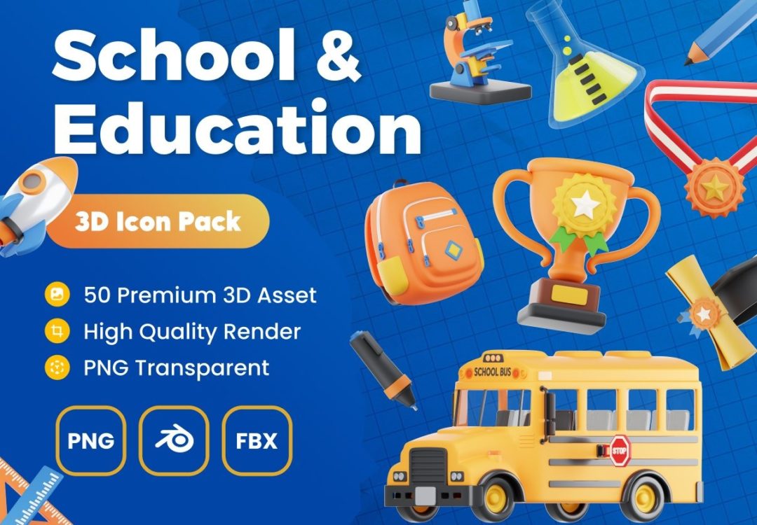 50款卡通创意学校教育教学3D插图图标Icons设计Blender/PNG/FBX格式素材 School & Education 3D Icon Pack 图标素材 第1张