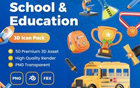 50款卡通创意学校教育教学3D插图图标Icons设计Blender/PNG/FBX格式素材 School & Education 3D Icon Pack