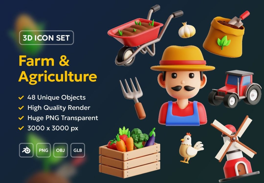 48款农村农场农作物农业机械设备3D插图图标Icons设计Blender/PNG格式素材 Farm & Agriculture 3D Icon Pack 图标素材 第1张