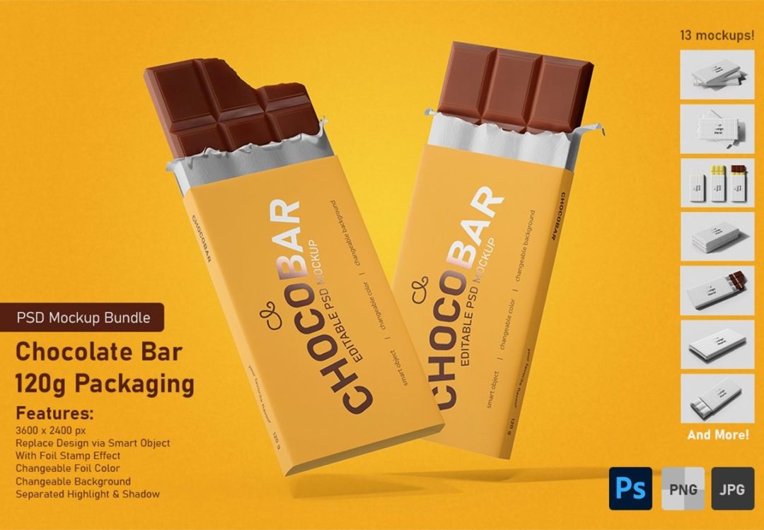 13款逼真巧克力棒包装盒设计展示效果图PS贴图样机模板素材 Chocolate Candy Bar Packaging PSD Mockup Set 样机素材 第1张