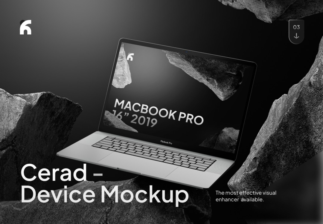 创意岩石背景黑化风苹果MacBook Pro展示效果图PS贴图样机模板素材 Cerad – Macbook Pro Modern Mockups 样机素材 第1张