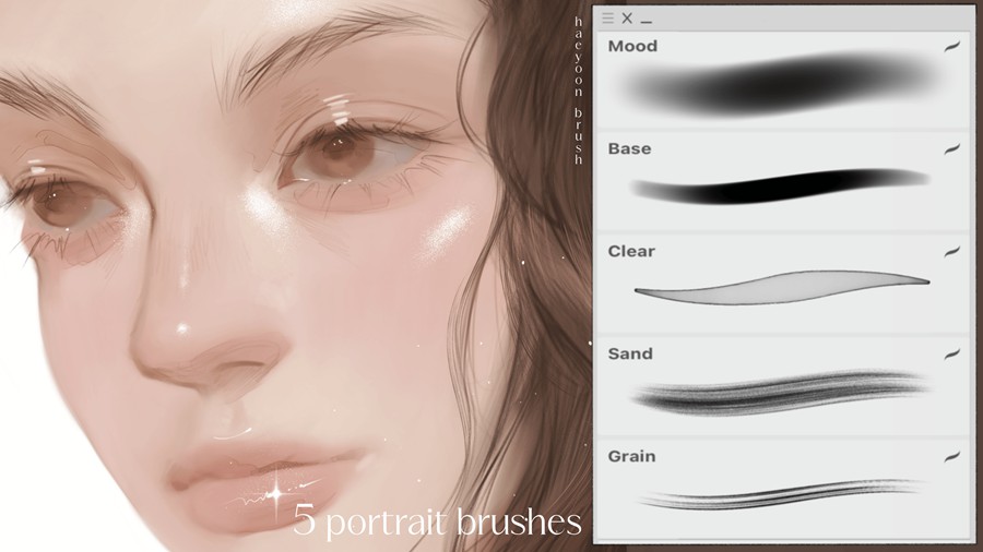 真实眉毛头发数字艺术绘画效果procreate笔刷画笔设计素材 HAEYOON Mini portrait brush set (5) for procreate , 第1张