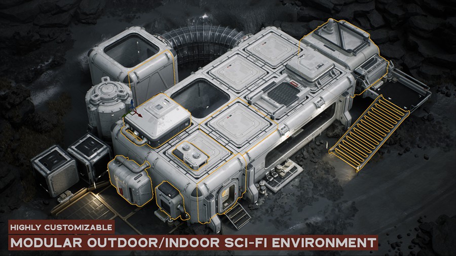 未来科幻赛博朋克风星球基地房屋飞船ue模型3d设计素材 Modular Sci-Fi Indoor Outdoor Environment Pack – Rocky Swampy Planet 样机素材 第6张