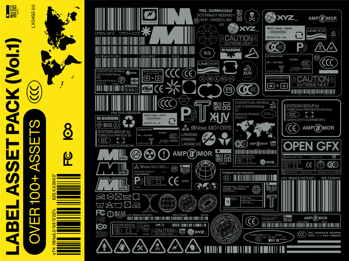 107个赛博朋克工业风格矢量标签条形码印刷设计图标套件 Label Asset Pack Vol.1 图标素材 第1张