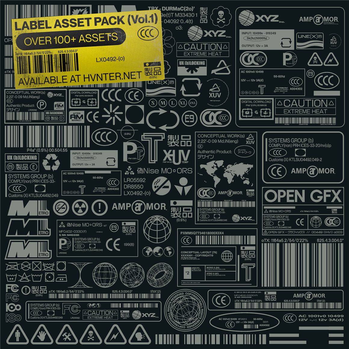 107个赛博朋克工业风格矢量标签条形码印刷设计图标套件 Label Asset Pack Vol.1 图标素材 第2张