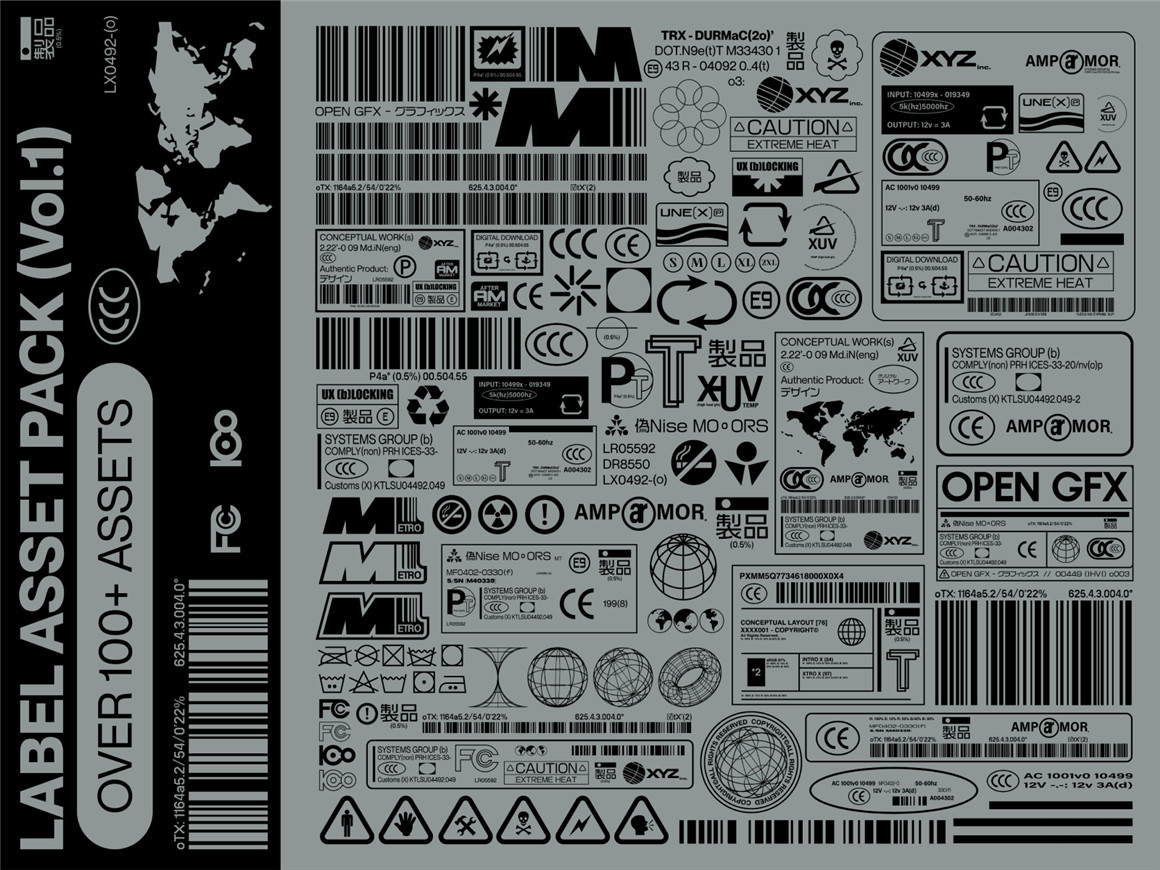 107个赛博朋克工业风格矢量标签条形码印刷设计图标套件 Label Asset Pack Vol.1 图标素材 第4张