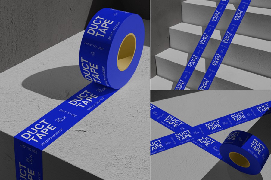 工业风产品快递打包管状塑料胶带logo贴图效果图ps展示样机模板 Duct Tape Mockup | Blue 样机素材 第1张