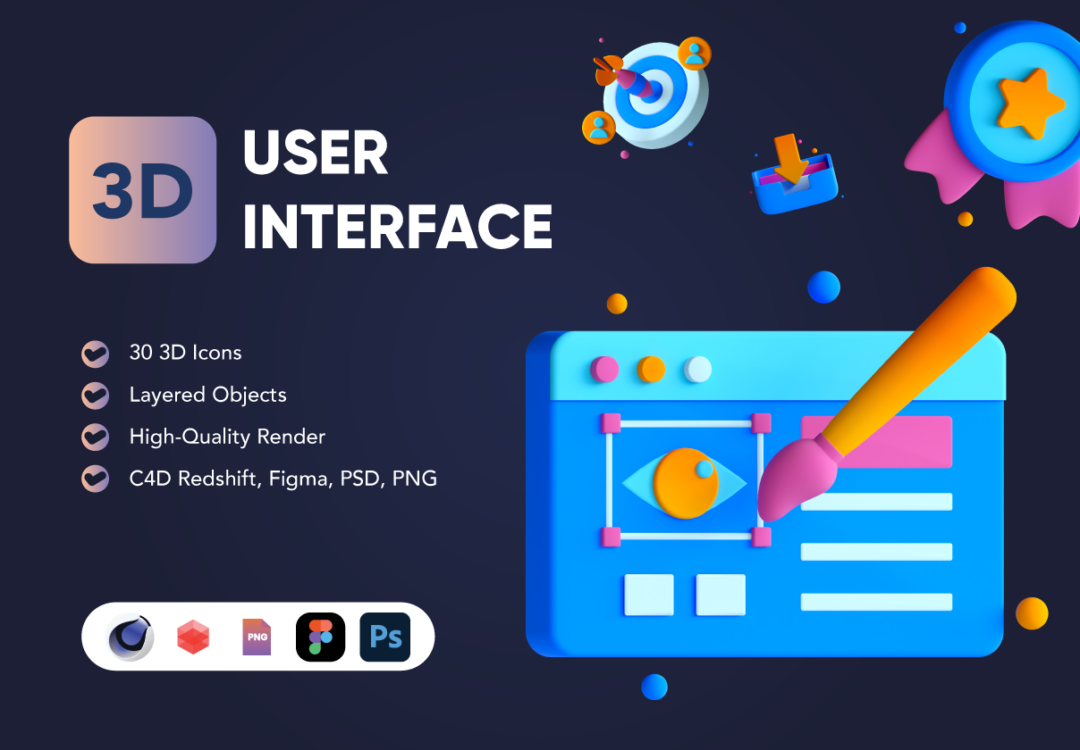 30款高级质感用户界面设计3d插图图标icons设计fig/c4d/psd/png格式素材 30 3D User Interface Icon Set 图标素材 第1张
