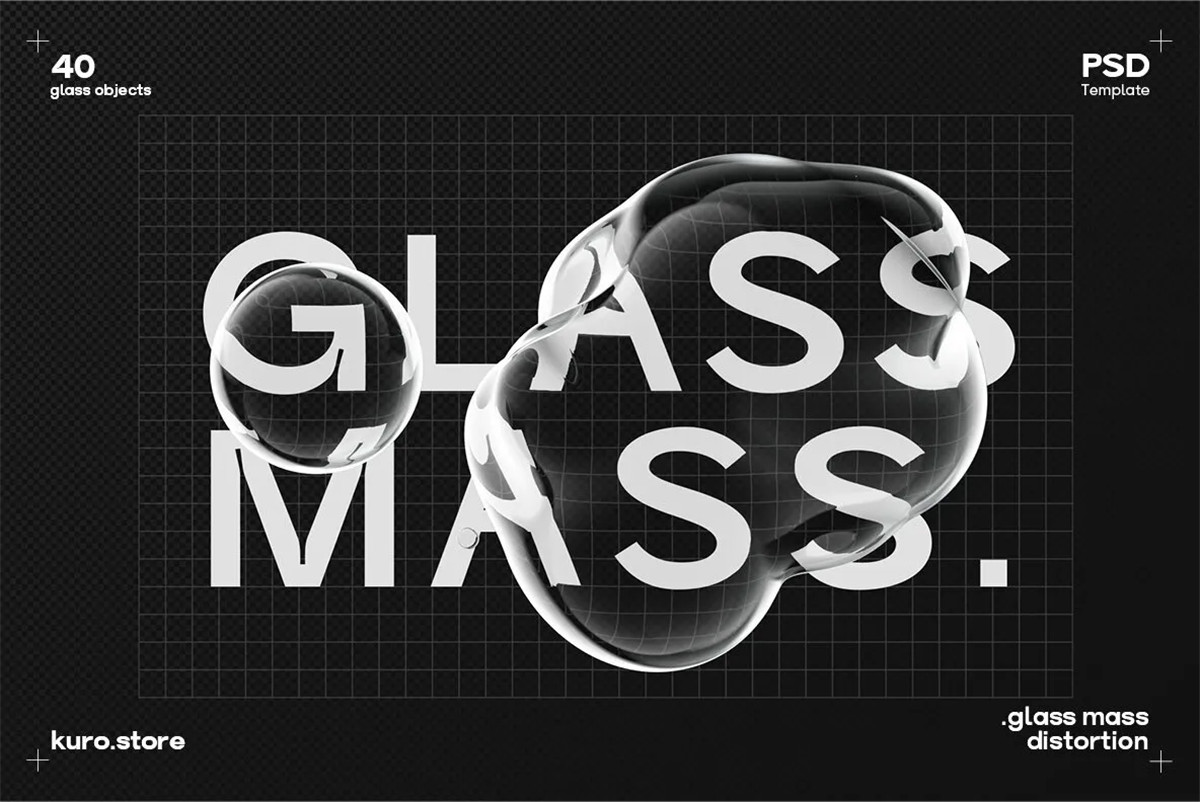 透明液体3D气泡流体玻璃扭曲变形文本标题置换特效PSD样机套装 Glass Mass Distortion Shapes , 第3张