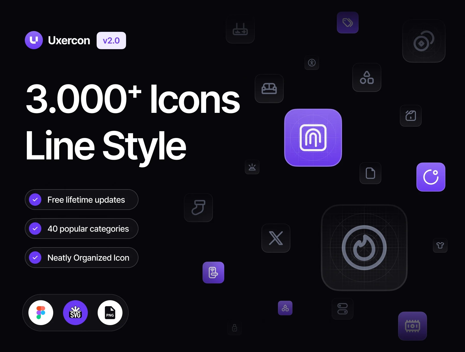 3000+款网站app ui界面设计矢量线条图标设计figma/png格式素材 3000+ Line Icon Styles | Uxercon Icon Library v2.0 APP UI 第1张