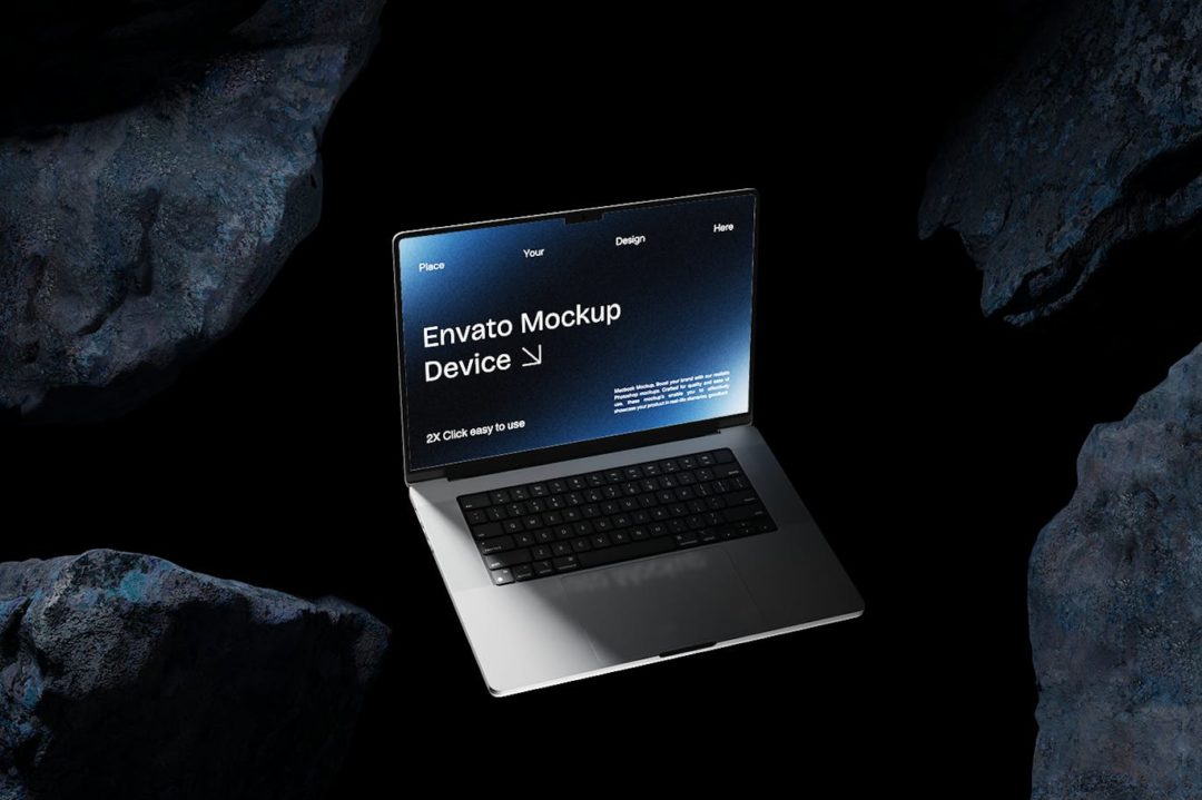 黑化风岩石背景苹果macbook笔记本电脑演示效果图ps贴图样机模板 Macbook Mockup | Blue Stone 样机素材 第2张