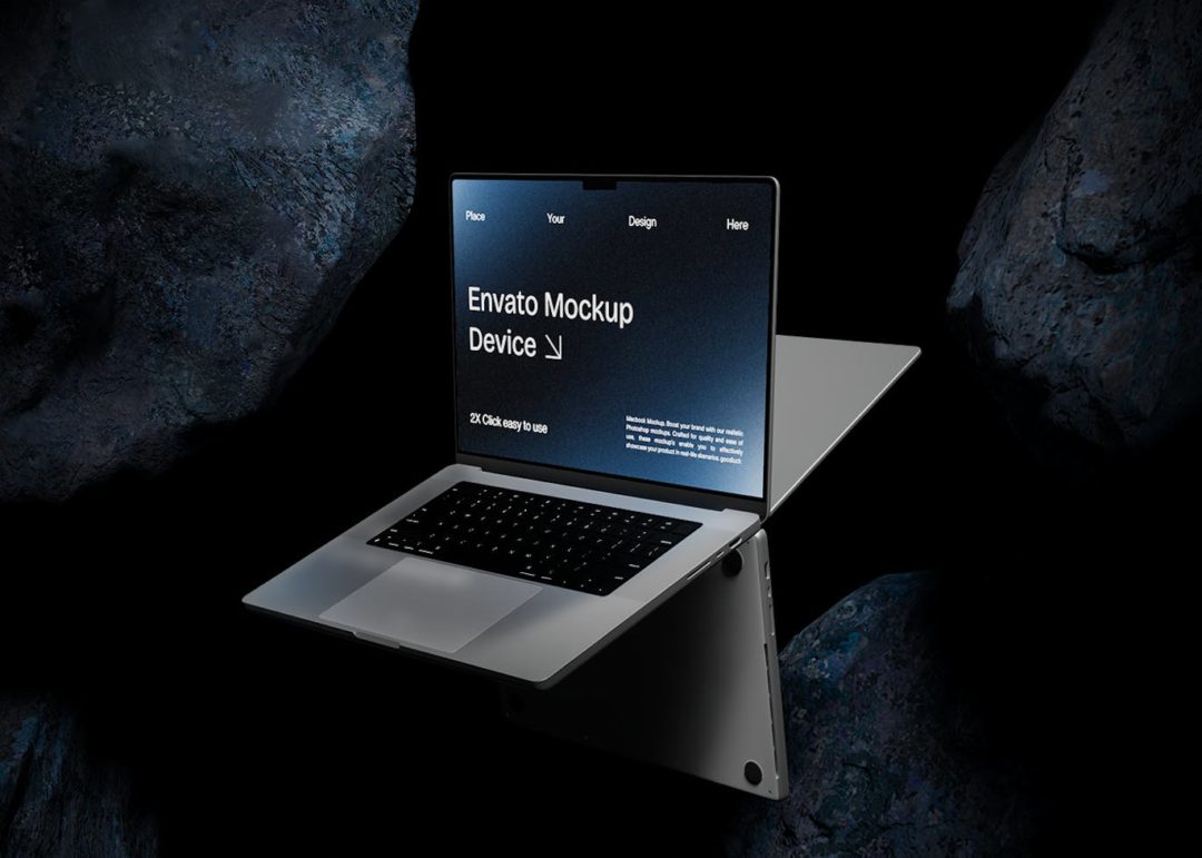 黑化风岩石背景苹果macbook笔记本电脑演示效果图ps贴图样机模板 Macbook Mockup | Blue Stone 样机素材 第3张