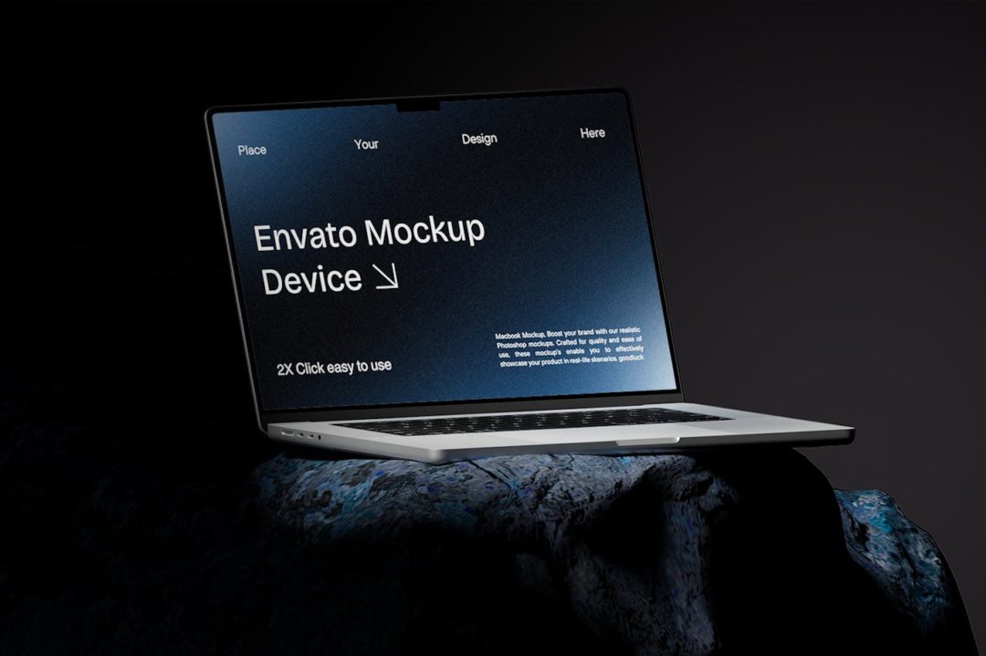 黑化风岩石背景苹果macbook笔记本电脑演示效果图ps贴图样机模板 Macbook Mockup | Blue Stone 样机素材 第4张