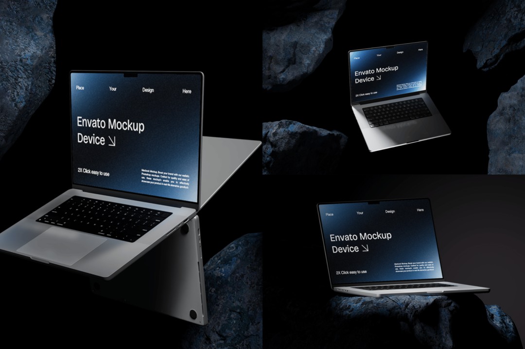 黑化风岩石背景苹果macbook笔记本电脑演示效果图ps贴图样机模板 Macbook Mockup | Blue Stone 样机素材 第1张