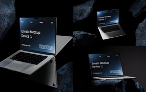 黑化风岩石背景苹果macbook笔记本电脑演示效果图ps贴图样机模板 Macbook Mockup | Blue Stone