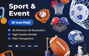 30款极简体育运动锻炼活动3d插图图标icons设计blender/png格式素材 Sport & Event 3D Asset