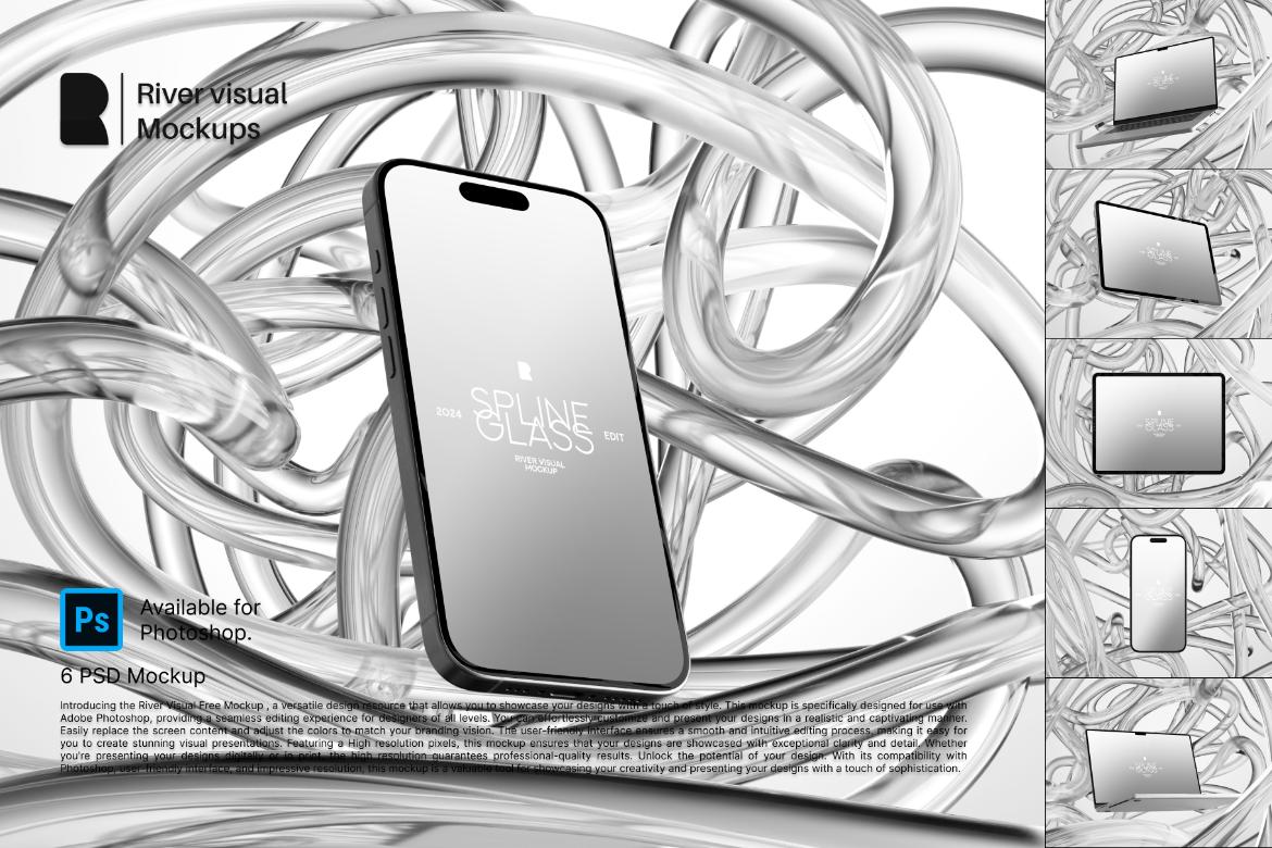 未来科幻玻璃背景苹果iPhone手机MacBook电脑iPad平板Ps展示贴图样机模板 Device Mockup – Spline Glass Series 样机素材 第1张