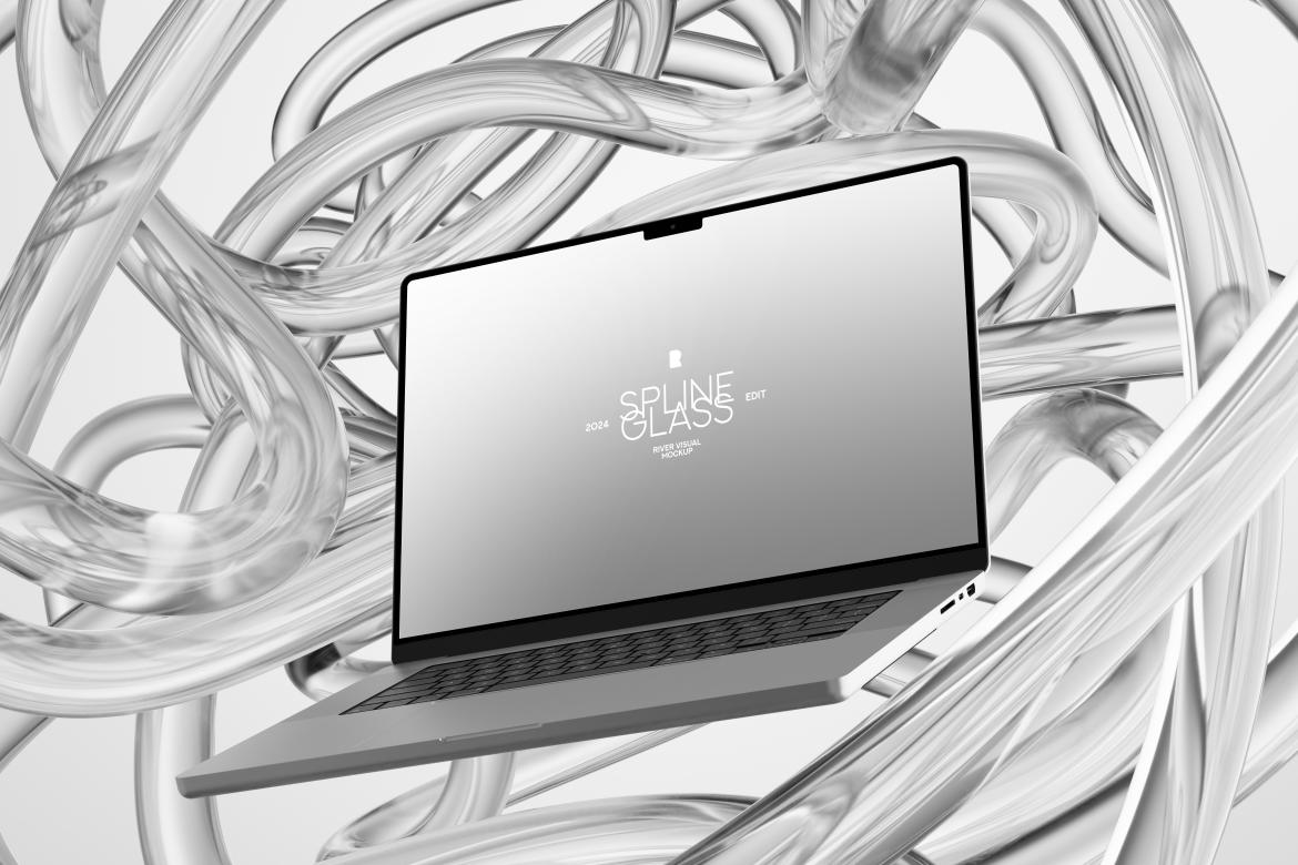 未来科幻玻璃背景苹果iPhone手机MacBook电脑iPad平板Ps展示贴图样机模板 Device Mockup – Spline Glass Series 样机素材 第7张