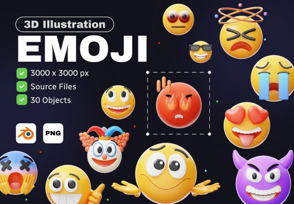 30款卡通趣味创意Emoji表情包3D图标插图Icons设计Blender/PNG格式素材 3D Emoji Collection 图标素材 第1张