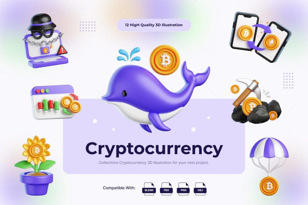 12款卡通趣味加密货币数字金融3D插图图标Icons设计素材 Cryptocurrency 3D Illustration 图标素材 第1张