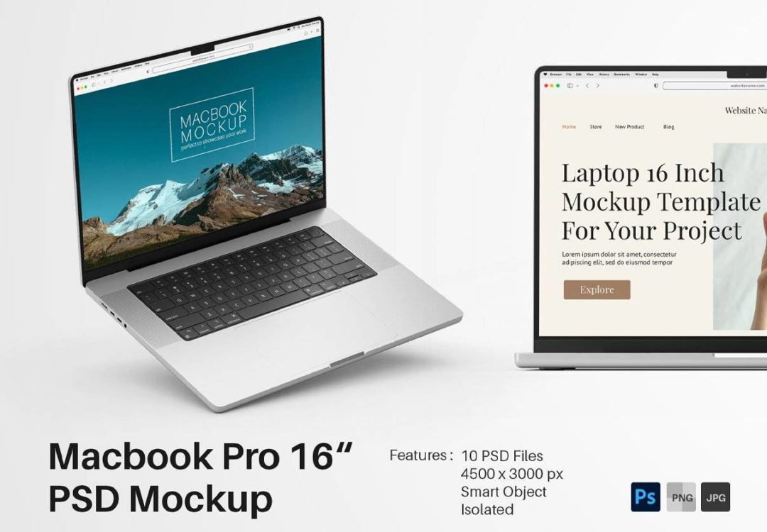 10款时尚苹果MacBook 16寸笔记本电脑演示效果图Ps贴图样机模板素材 Macbook Laptop 2021 16 Inch Mockup Pack 样机素材 第1张