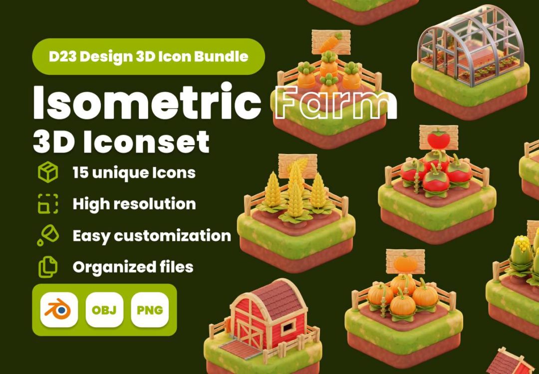 15款等距农村农场农作物3d插图图标icons设计blender/png格式素材 Isometric Farm 3D Illustration Pack 图标素材 第1张