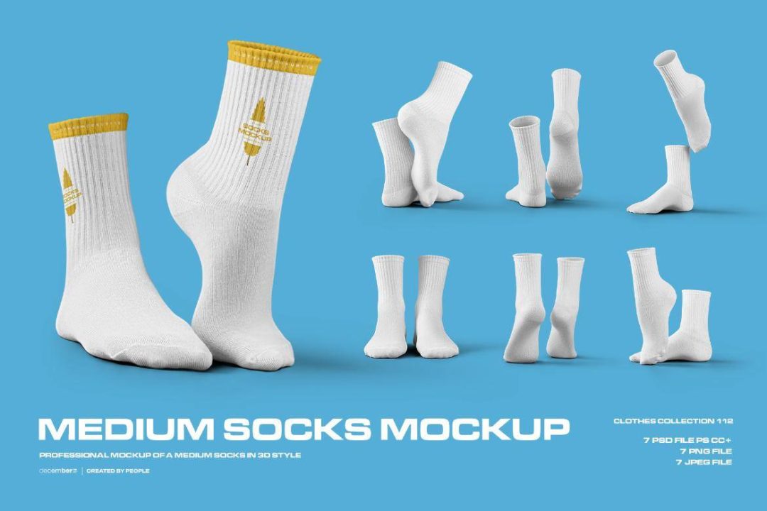 7款时尚中筒袜子印花图案设计展示效果图PSD样机模板素材 7 Mockups Medium Socks in the 3D Style 样机素材 第1张