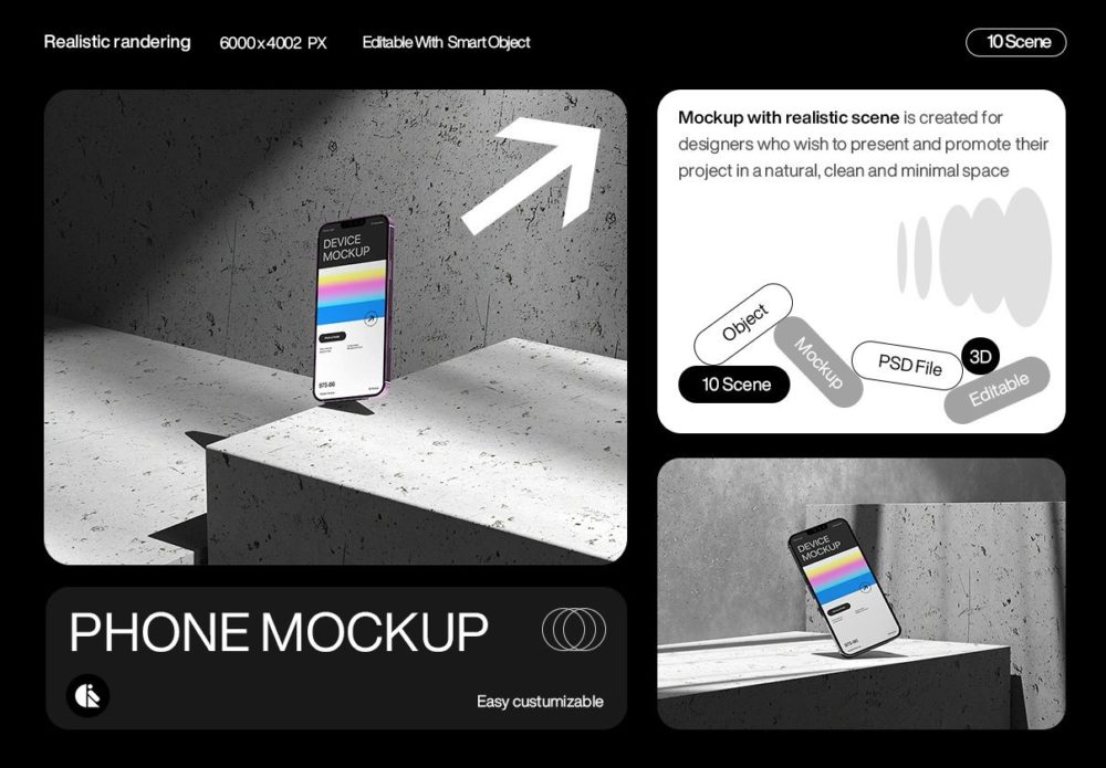 10款高级黑化风app ui界面设计苹果iPhone 14展示效果图ps贴图样机模板 Realistic Smartphone Mockup 样机素材 第1张