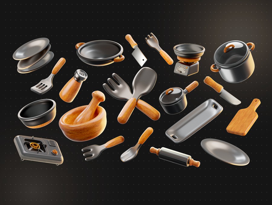 16款专业厨房烹饪刀具工具3D插图图标Icons设计Blender/PNG格式设计素材 Kitchen Tools 3D Icon 图标素材 第2张