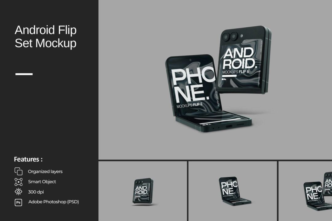 真实安卓折叠Android安卓手机演示效果图PS贴图样机模板素材 Android Flip Set Mockup 样机素材 第1张