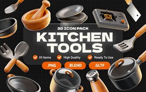 16款专业厨房烹饪刀具工具3D插图图标Icons设计Blender/PNG格式设计素材 Kitchen Tools 3D Icon