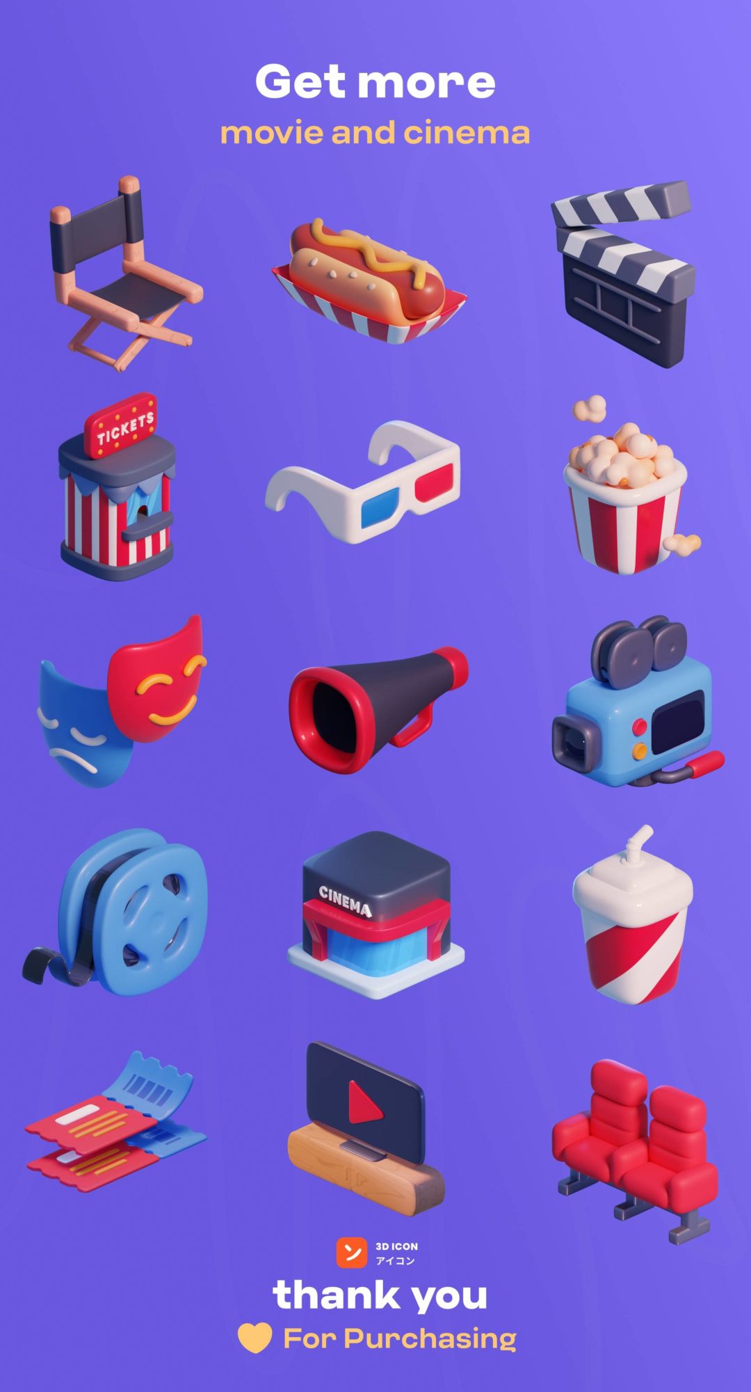 15款独特电影影院3D插图图标Icons设计Blender/PNG格式素材 Movie & Cinema 3D icon Pack , 第11张