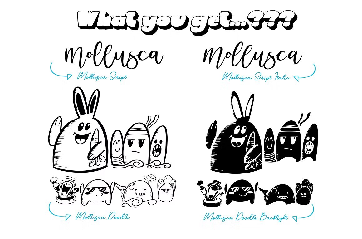 Mollusca Font Trio | Dingbats Doodle 复古漫画卡通设计/可爱壁纸/书籍封面/涂鸦字体 , 第5张