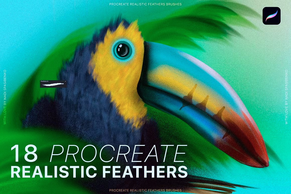 Procreate Realistic Feather Brushes 18个逼真的动物羽化Procreate笔刷 笔刷资源 第1张