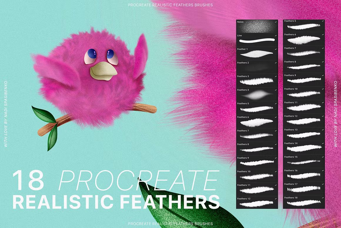 Procreate Realistic Feather Brushes 18个逼真的动物羽化Procreate笔刷 笔刷资源 第4张