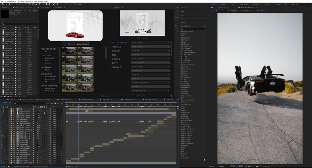 AE插件：终极一键生成汽车游戏漫剪镜头画面剪辑特效预设叠加LUT调色摇晃变速视觉效果终极插件包 EssentialFX by DjordanMedia 插件预设 第7张