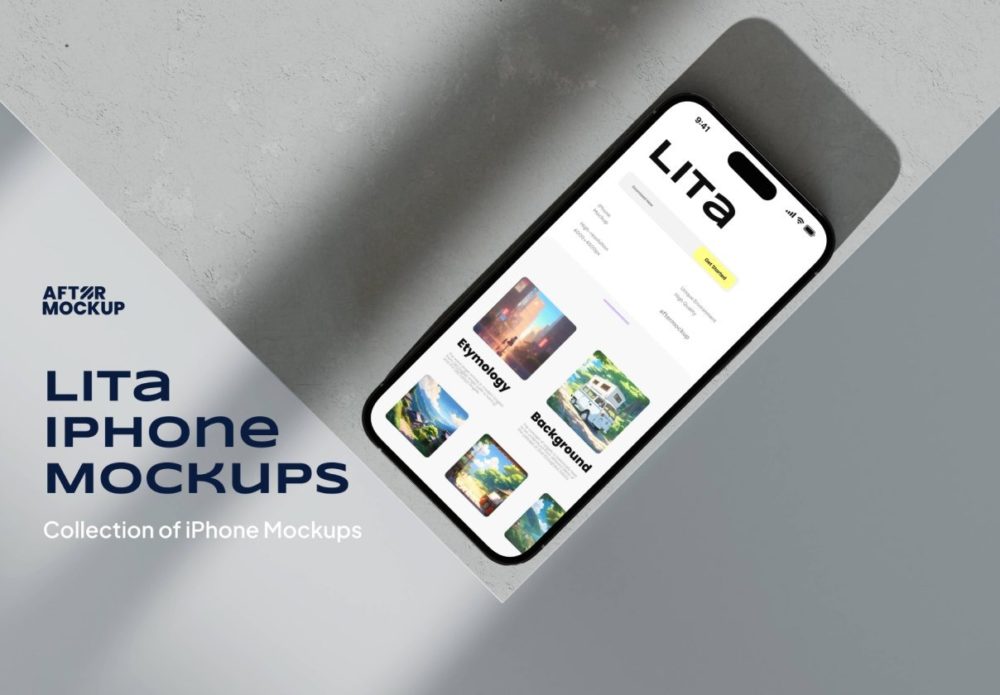 7款时尚工业风苹果iPhone 15 Pro屏幕演示效果图Ps贴图样机模板素材 Lita iPhone Mockups , 第1张