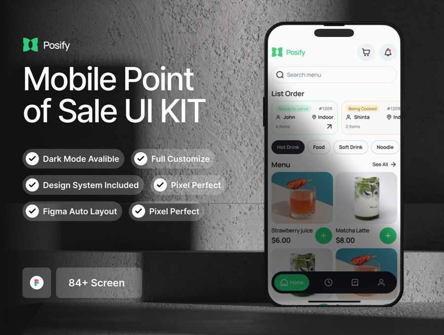 84+屏双配色果汁饮料咖啡在线下单购买APP UI界面设计Figma模板套件 Posify – Mobile Point of Sale UI KIT , 第1张