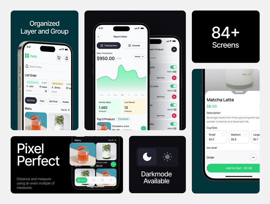 84+屏双配色果汁饮料咖啡在线下单购买APP UI界面设计Figma模板套件 Posify – Mobile Point of Sale UI KIT , 第2张