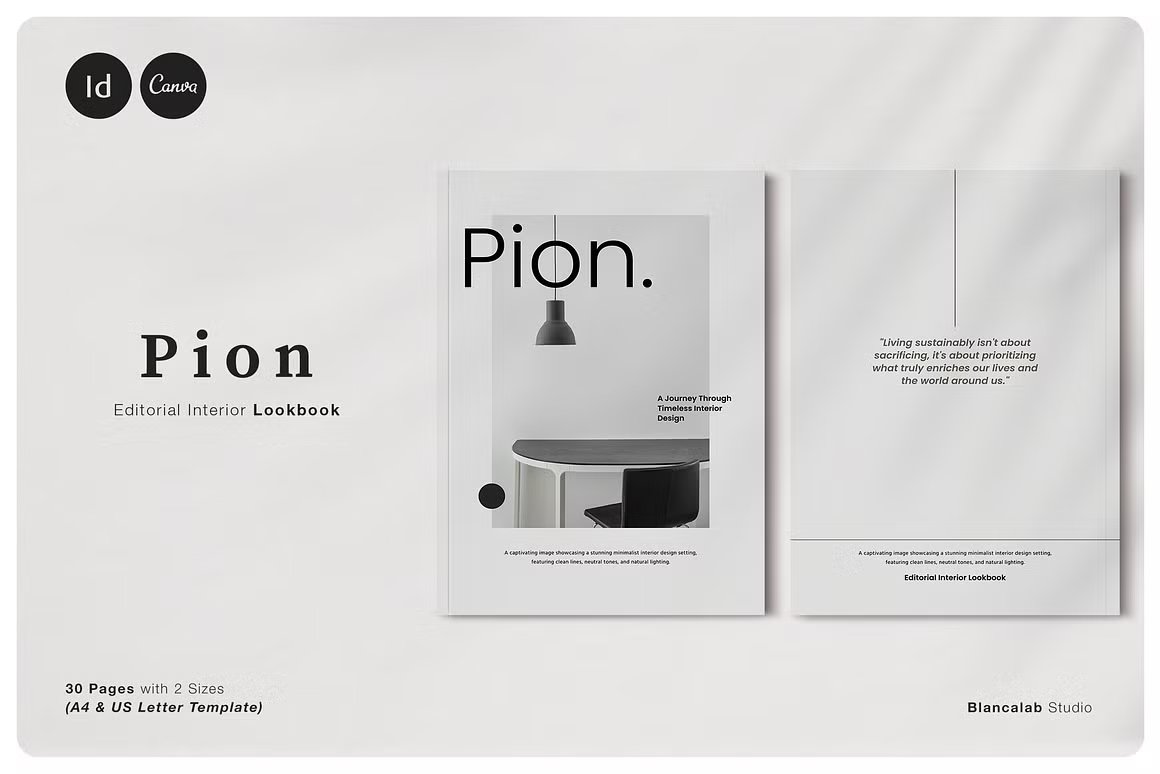 家居室内设计师和企业家A4杂志编辑Indesign/Canva模板 PION Editorial Interior Lookbook 幻灯图表 第1张